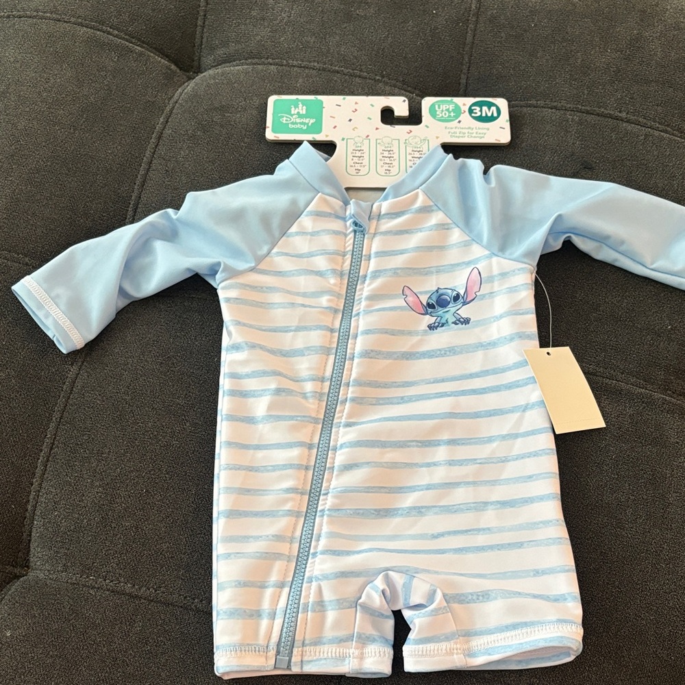 Disney Baby Light Blue & White Stripe One-Piece Rashguard with Stitch